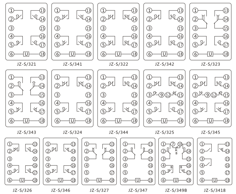 JZ-S/341靜態(tài)可調(diào)延時(shí)中間繼電器內(nèi)部接線圖及外引接線圖