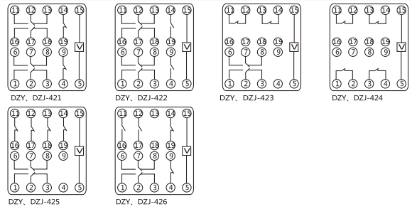 DZY（J)-413導軌式中間繼電器內(nèi)部端子外引接線圖(正視)